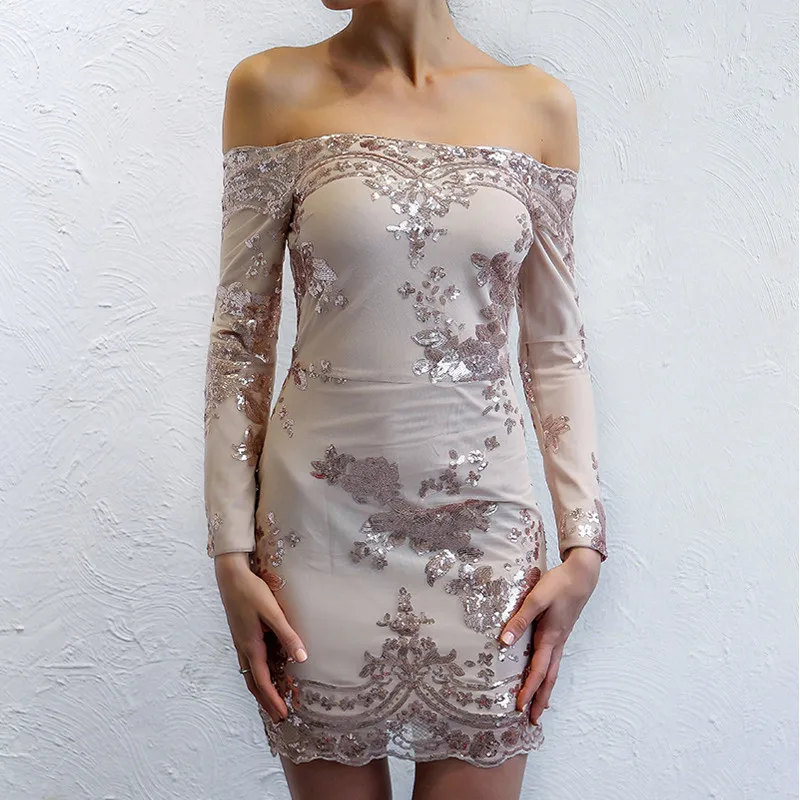 SANTUNE осенние пикантные Off Shoulder Sequin летнее платье 2017 вечерние короткое Для женщин