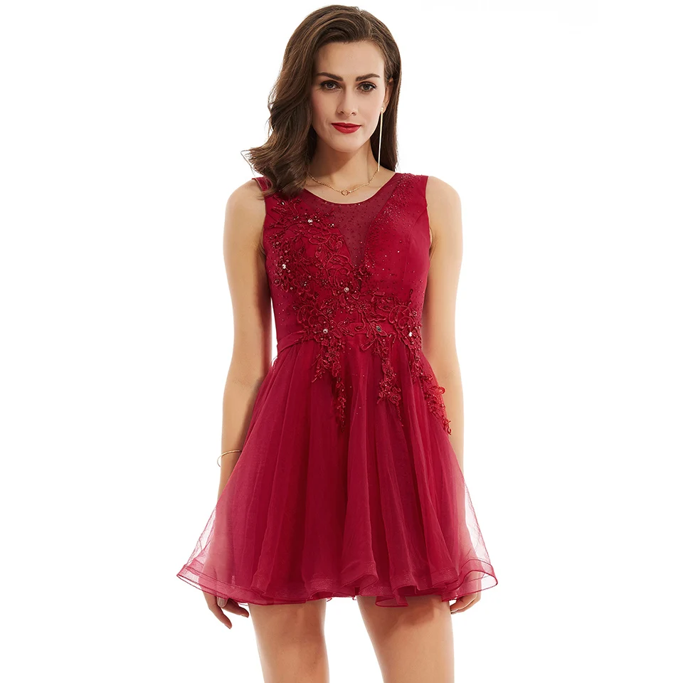 Dressv appliques cocktail dress dark navy scoop neck sleeveless knee length a line beading homecoming short cocktail dresses