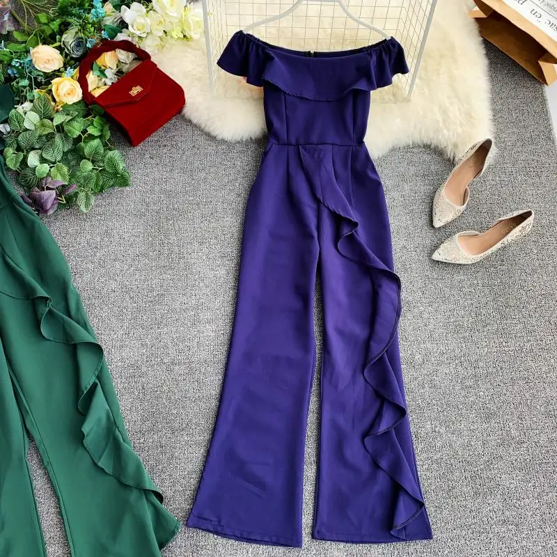ALPHALMODA весенний женский Модный комбинезон с оборками и вырезом лодочкой, женские комбинезоны с высокой талией и широкими штанинами