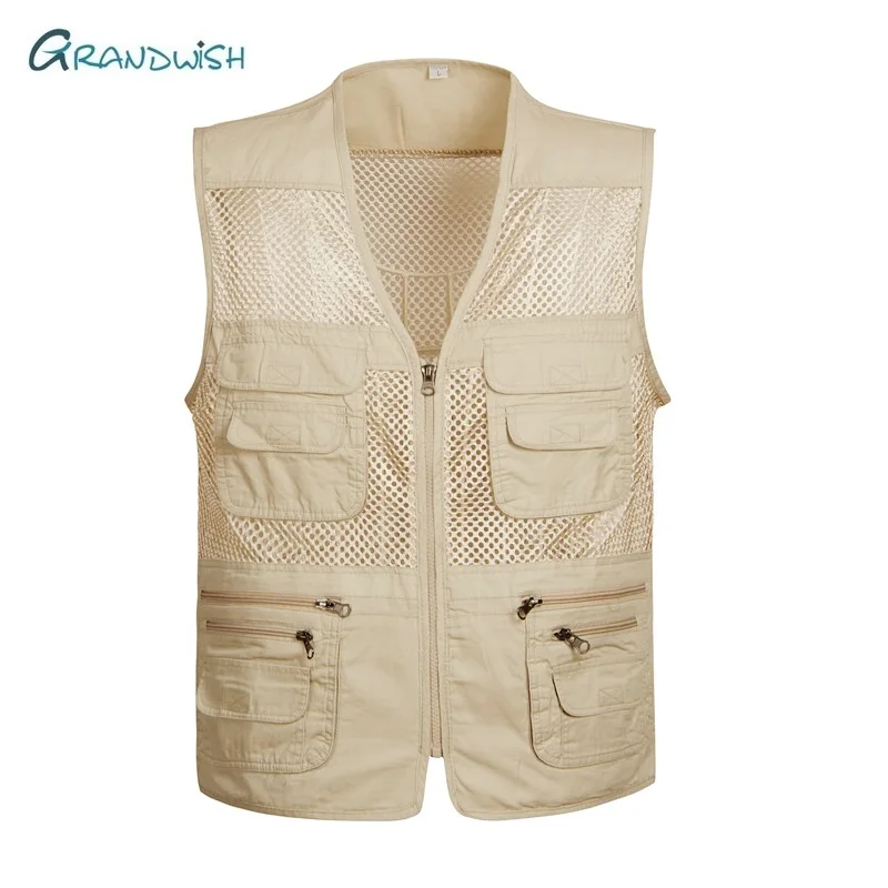 

Grandwish Summer Men's Casual Vest With Multi Pockets Cotton Men Vests Male Sleeveless Mesh Zipper Waistcoat Plus Size 4XL,DA844