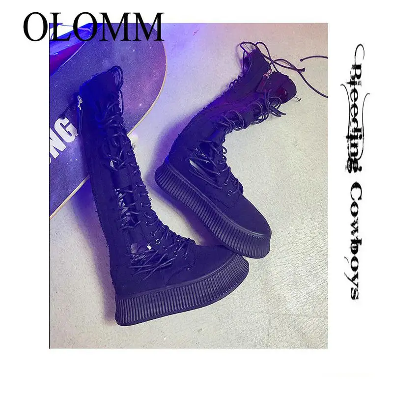Женская обувь OLOMM новинка весны 2019 модные длинные сапоги на молнии с завязкой и