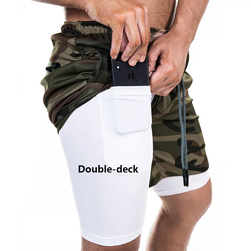 Double-Deck Camoufla Мужские шорты для спортзала, двухслойные, 2 в 1, для фитнеса, бега, короткие штаны, для тренировок, бодибилдинга, нижнее белье, быстросохнущие шорты для бега, мужские - Цвет: Double-Deck Camoufla