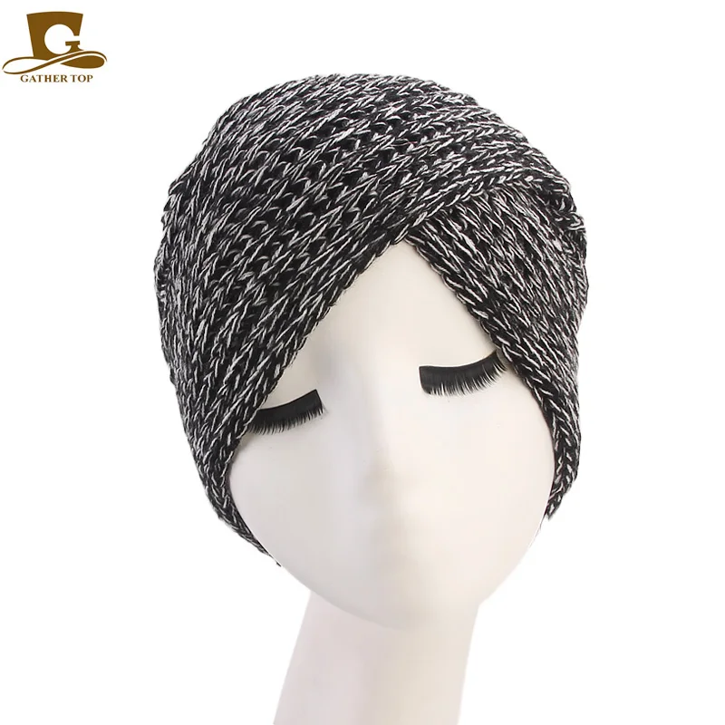 Новинка, зимняя вязаная шерстяная тюрбан, повязка на голову, крученая повязка на голову, шапка, модные, бохо, мягкие аксессуары для волос, тюрбан, одноцветная мусульманская шапка