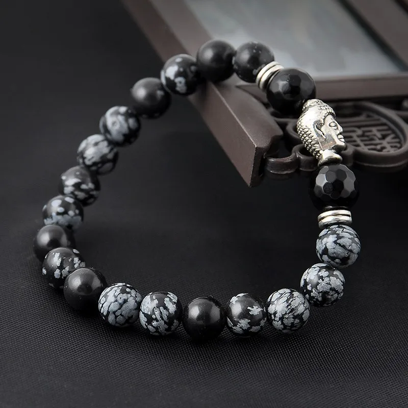 Handmade 8 мм браслет из бисера Jewelry белое пятно камень Тибет серебряный Будда Lucky Для мужчин браслет