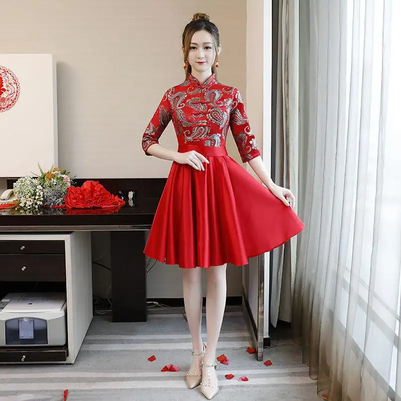 Китайский традиционный Женский Cheongsam элегантный цветочный принт размера плюс XXS-3XL Qipao женские свадебные платья Vestidos - Цвет: Черный