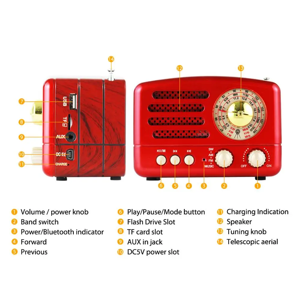 Классический ретро радиоприемник PRUNUS с FM/AM/SW USB Bluetooth перезаряжаемый AUX/ TF карты MP3