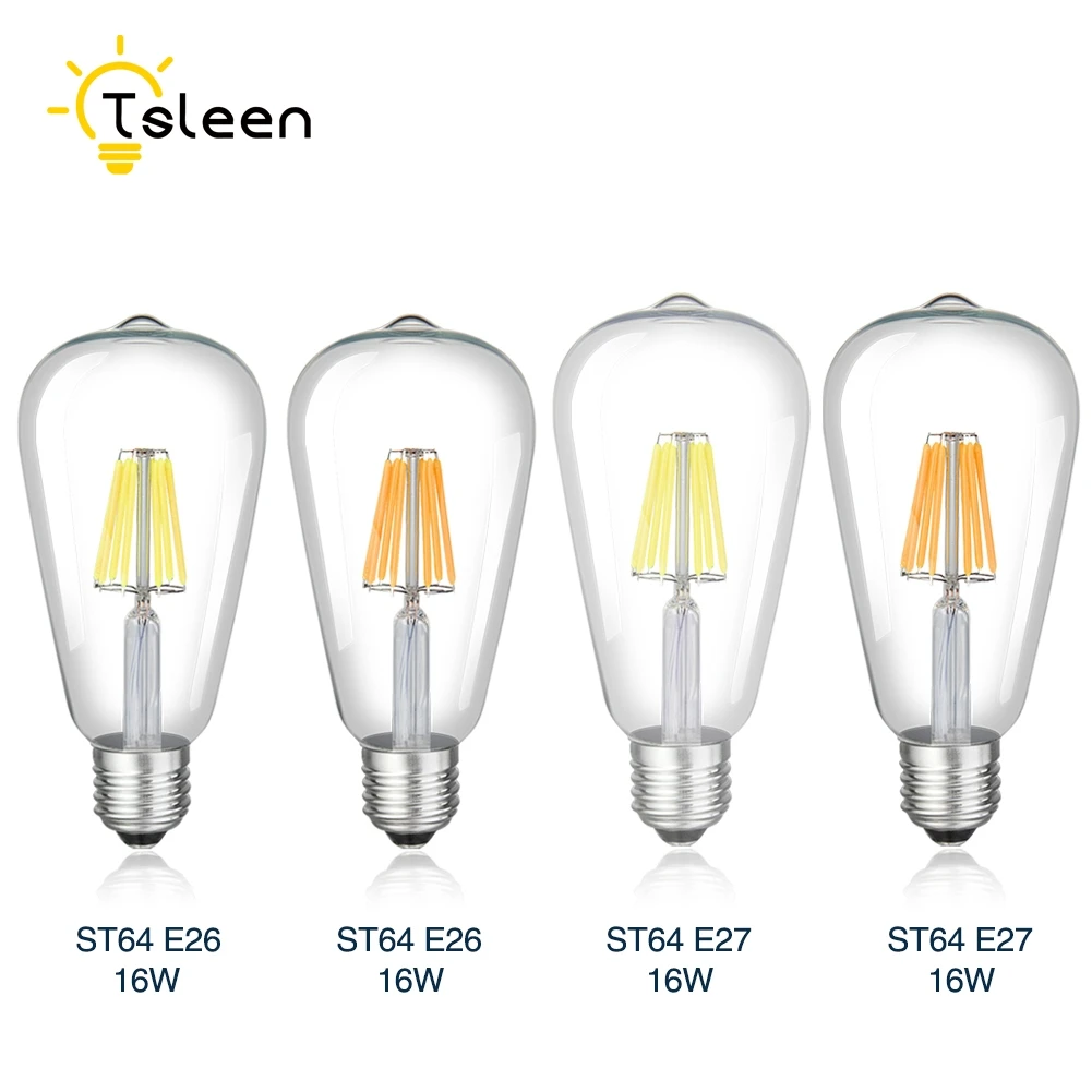 TSLEEN светодиодный Лампа накаливания с регулируемой яркостью лампы E26 220V 110V ST64 ретро Edison led светильник лампы 16 Вт Lamparas светодиодный E27 Золотой Стекло оболочки Глобус лампы