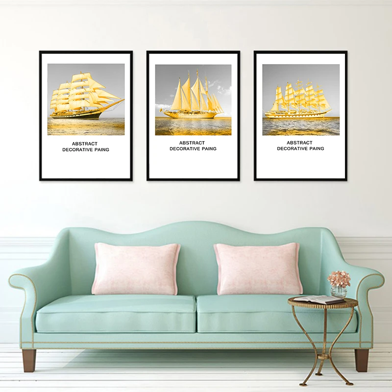 Wall Art Печати Северных Плакат Золотой Парусная Лодка Море Холст Картины Пейзаж