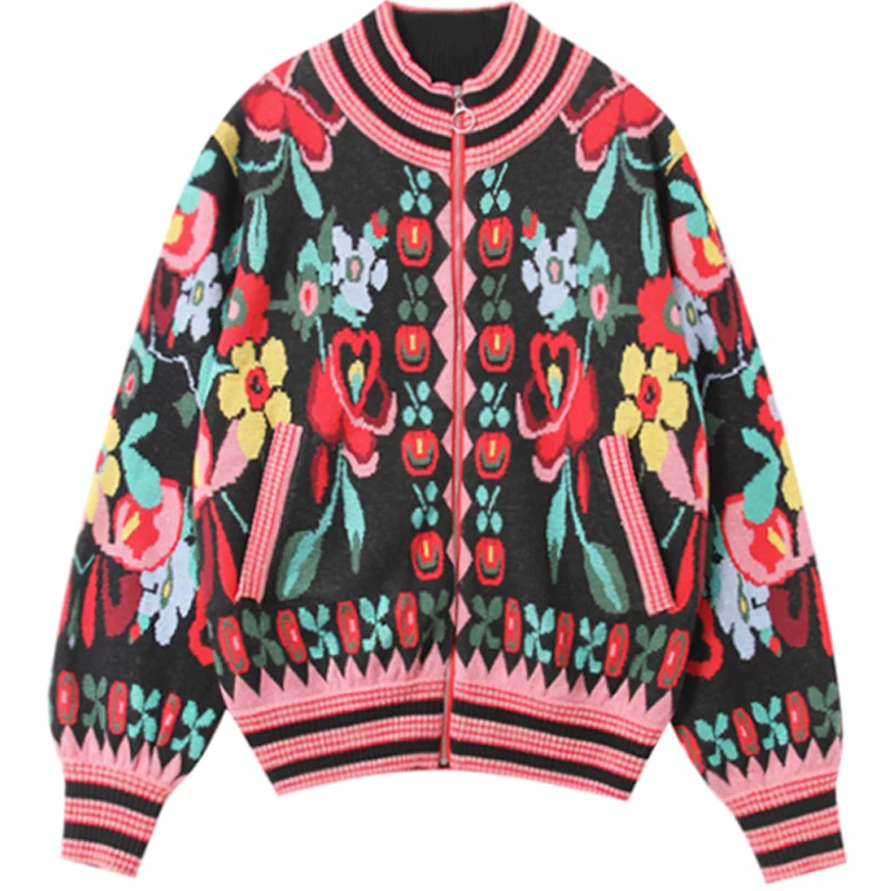 Jacquard Knit Cardigan Sweater 2018 Winter Hit Color Flower Print Long Sleeve Coat Women Zipper Knitted Baseball Jacket |