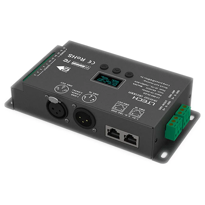 Светодиодный контроллер dmx декодера; DC12-24V вход; 6A* 5CH Max 30A выход RGB/RGBW XLR-3/RJ45 16 бит 65536 уровня