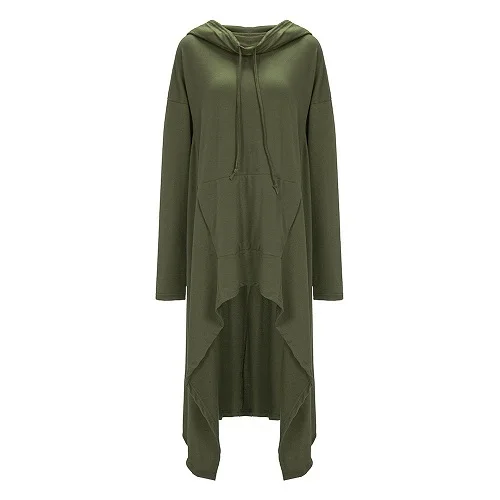 Army Green Женская Осенняя Новинка, модная длинная Асимметричная Повседневная Толстовка с капюшоном, одноцветная Толстовка с длинным рукавом на шнурке с капюшоном размера плюс - Цвет: Army Green