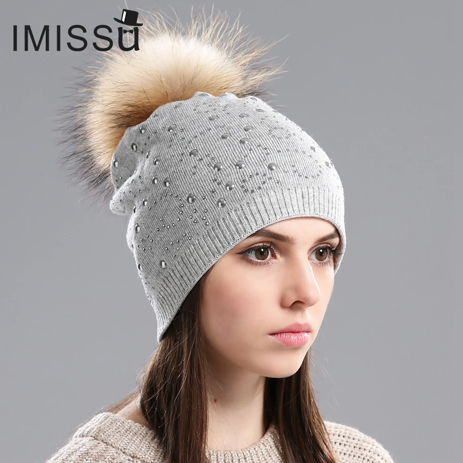 IMISSU женская вязаная шерстяная шапка Skullies осенняя и зимняя с натуральным мехом