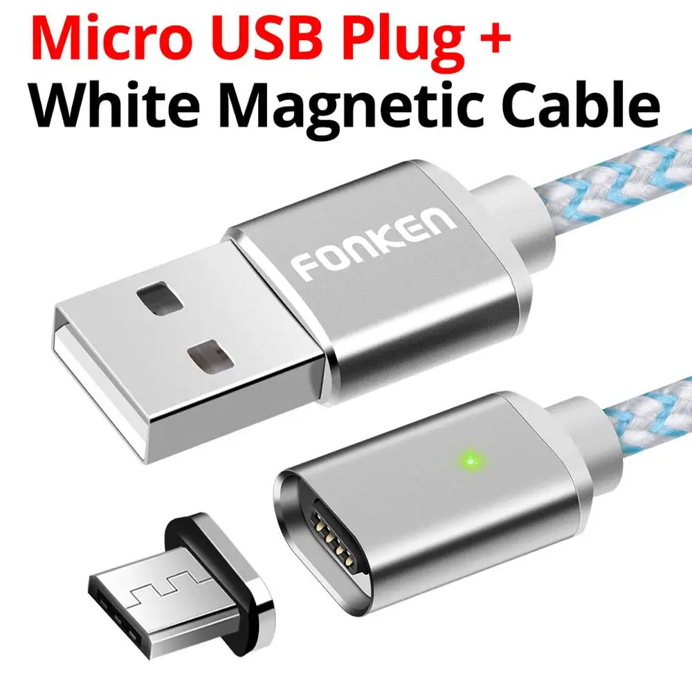 Магнитный usb-кабель FONKEN Micro usb type-C, магнитный кабель для телефона, светодиодный кабель для быстрой зарядки, мини USB C, зарядный шнур для мобильного телефона - Цвет: white add micro plug