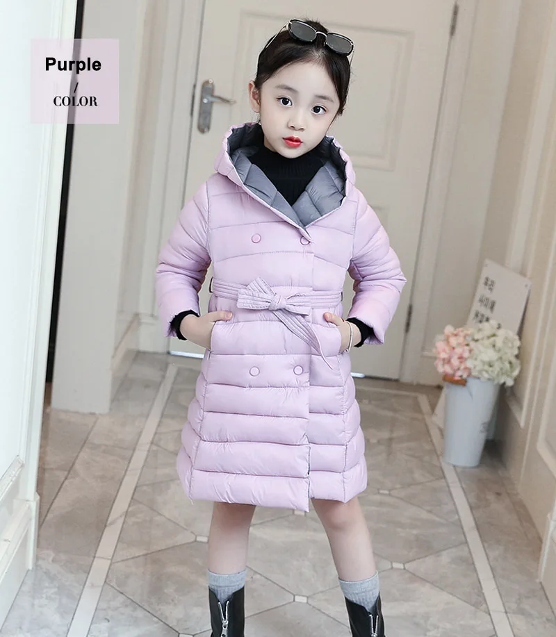 Purple Г. Зимний пуховик для девочек Теплые Длинные куртки с капюшоном и длинными рукавами для девочек, верхняя одежда для детей пальто для девочек - Цвет: Purple