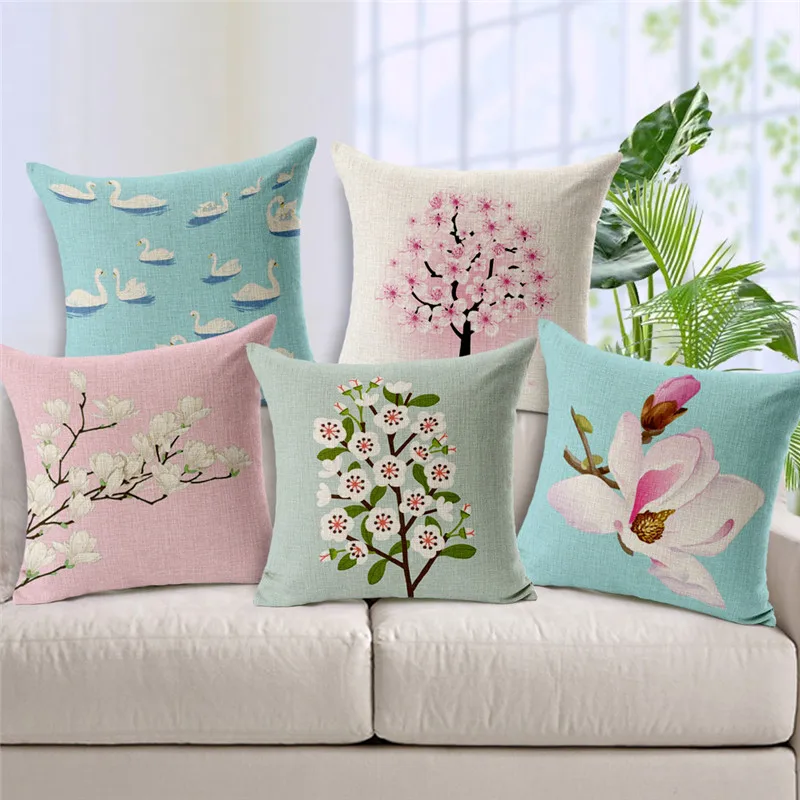 

Lovely Swan Cushion Cover Chinese Style Pillowcase Cherry Blossom Pillow Cover Living Room Linen Home decorative Europen Pillows