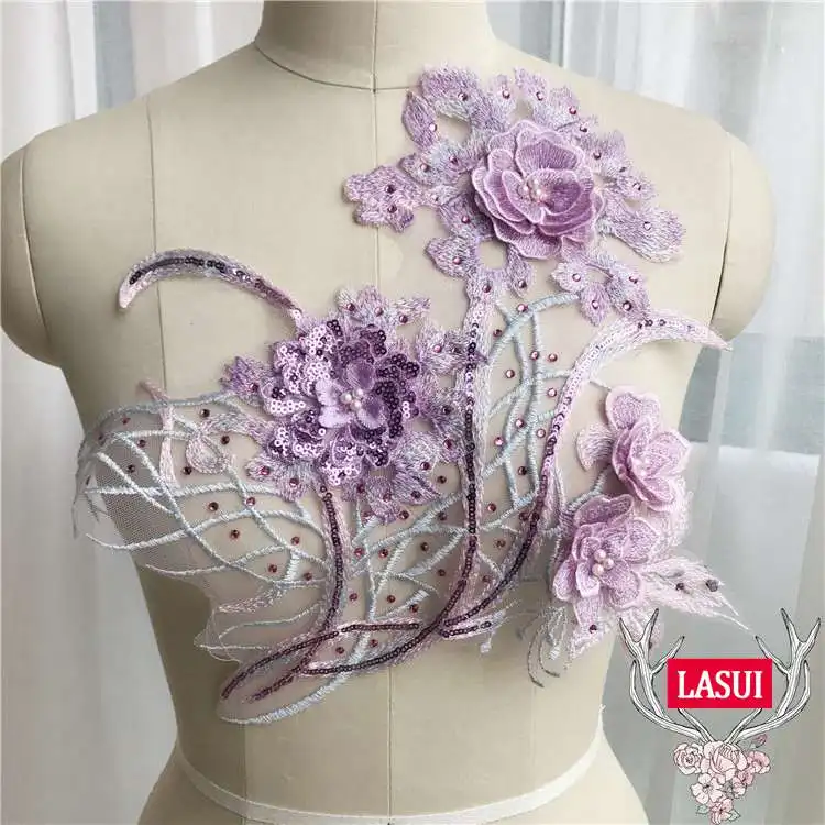 LASUI 36*39 см высокого качества 4 цвета 3D Цветы из бисера, аппликации из кружева с пайетками Diy вечернее платье аксессуары ручной работы 0269 - Цвет: Purple 1 piece