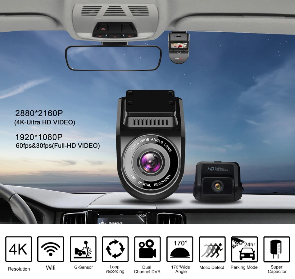 Автомобильный видеорегистратор с разрешением 4 K WDR wifi gps двойной объектив Dashcam