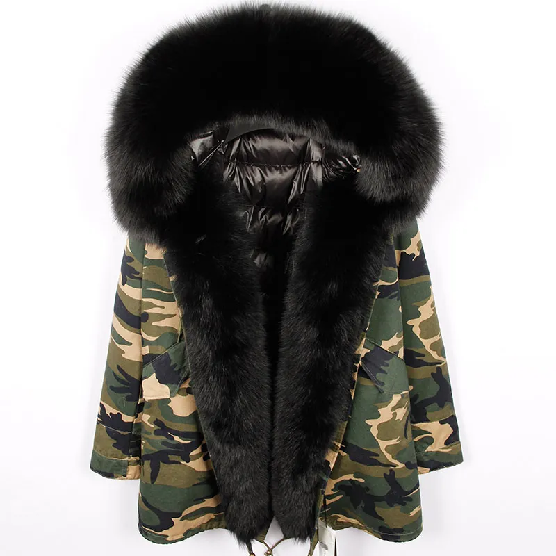 camo black Новые пуховые пальто зимние женские куртки из натурального меха Длинные парки натуральный Лисий меховой воротник Толстая теплая уличная верхняя одежда - Цвет: camo black