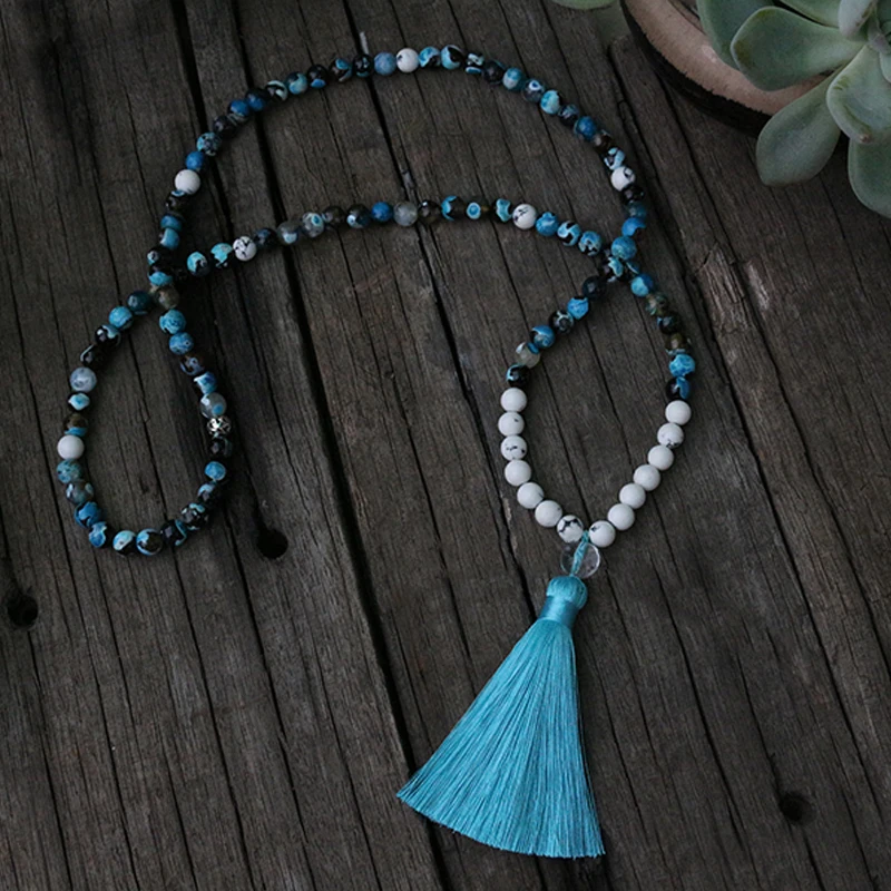 8 мм натуральные бусины окрашенный синий цветок оникс Howlite JapaMala ожерелье для йоги