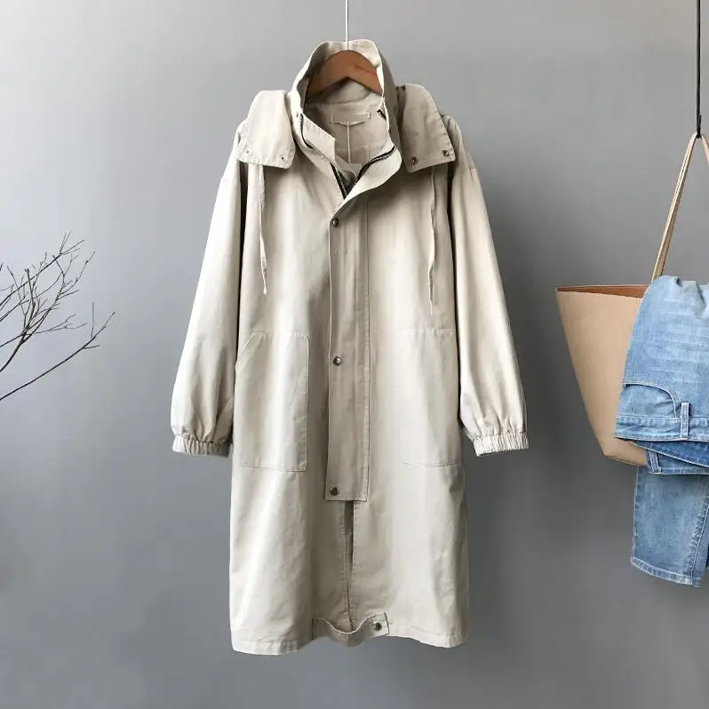 Beige Осеннее Женское пальто с капюшоном однобортное тонкое стеганое ветровка Тренч длинный корейский стиль Черное Оранжевое Женское пальто - Цвет: Beige