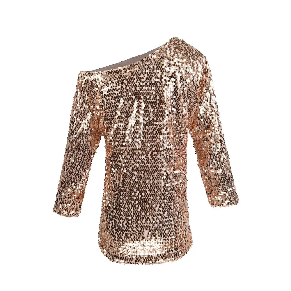 Женская футболка с блестками однотонная на одно плечо коротким рукавом весну |