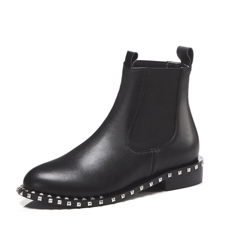 black 3 cm short Новинка года; ботинки «Челси» с заклепками; женские ботильоны; зимние ботинки из натуральной кожи; женская обувь на высоком квадратном каблуке; женская обувь - Цвет: black 3 cm short