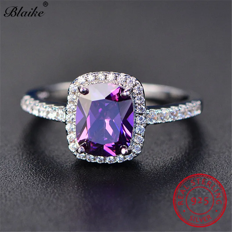 Purple Ring Кольца из стерлингового серебра s925 пробы для женщин, обручальные кольца, квадратные Кристальные камни, обещание на помолвку, кольцо, белое кольцо с синим сапфиром, ювелирные изделия - Цвет камня: Purple Ring