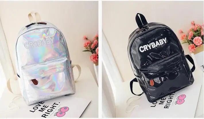 

Moon Wood Harajuku Embroidery Letters Crybaby Hologram Laser Backpack Women Soft PU Leather Backpack School Bags For Girls
