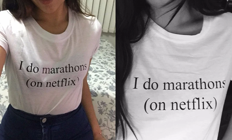 Женская летняя футболка с надписью I Do Marathons on Netflix белая забавным коротким