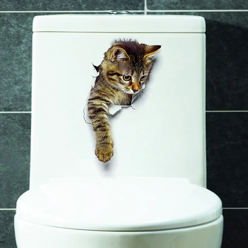 Отверстие вид Cat 3D стены Стикеры Ванная комната туалет детская украшение