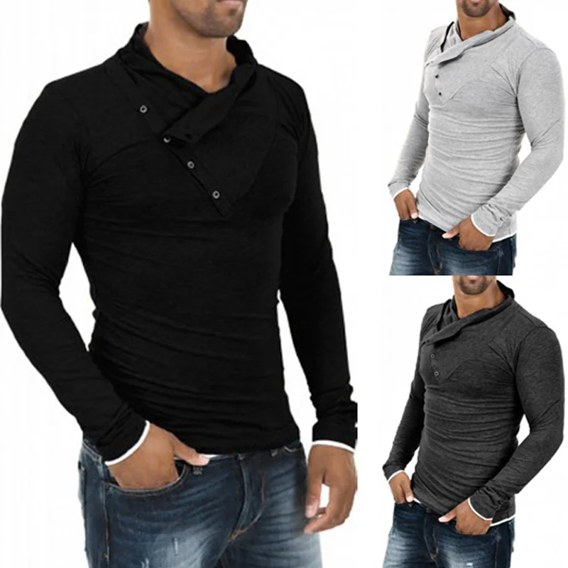 2020 Новая модная мужская футболка с косой пуговицей и воротником облегающая