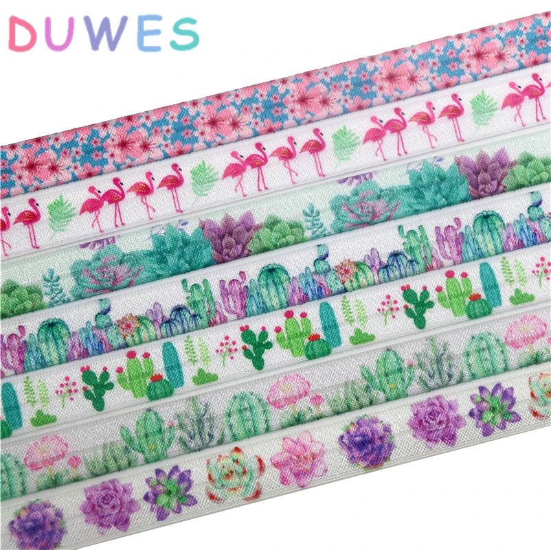 

DUWES 5/8'' 50yards flamingo cactus plant printed Fold Elastic FOE stretch ribbon hairbow headwear headband DIY OEM D1001