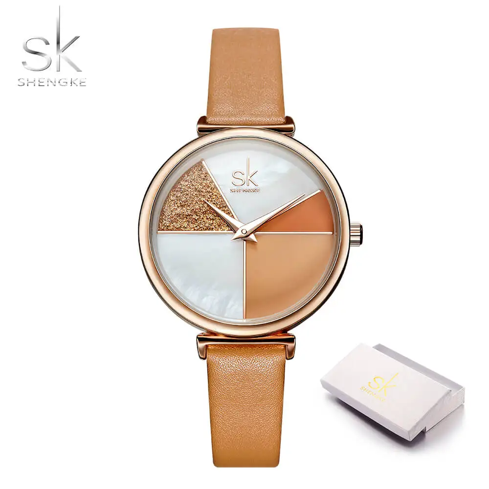 apricot with box Shengke креативные модные женские часы, кварцевые женские часы, наручные часы с кожаным ремешком, Reloj Mujer Montre Femme, новинка - Цвет: apricot with box