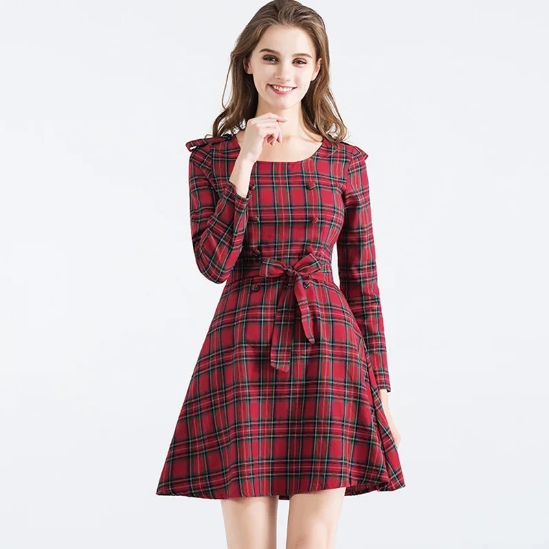 2017 Casual Dress Полоса Решетки Вокруг Шеи длинным Рукавом Талии Чтобы Показать Тонкие