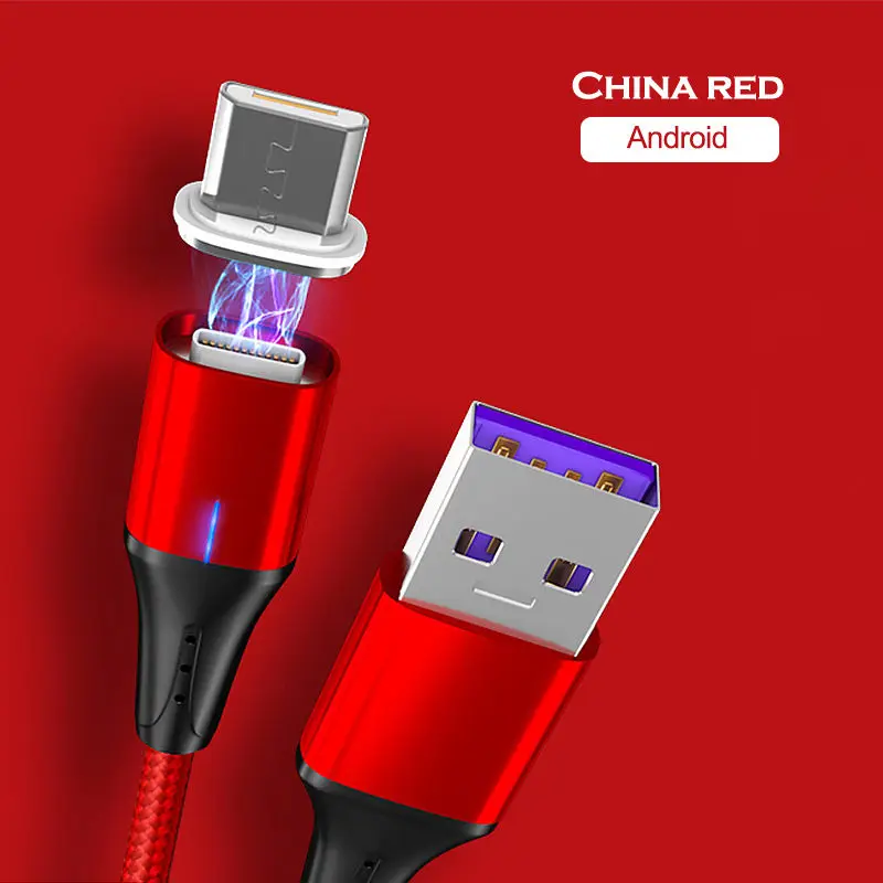 Red For Micro 5A светодиодный магнитный USB супер быстрый зарядный кабель type-C Micro USB кабель для iPhone huawei P9 P10 P20 samsung смартфон шнур для передачи данных - Цвет: Red For Micro