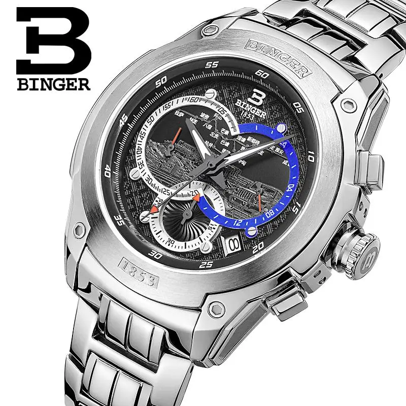 Швейцарские часы мужские роскошные брендовые кварцевые BINGER полностью из