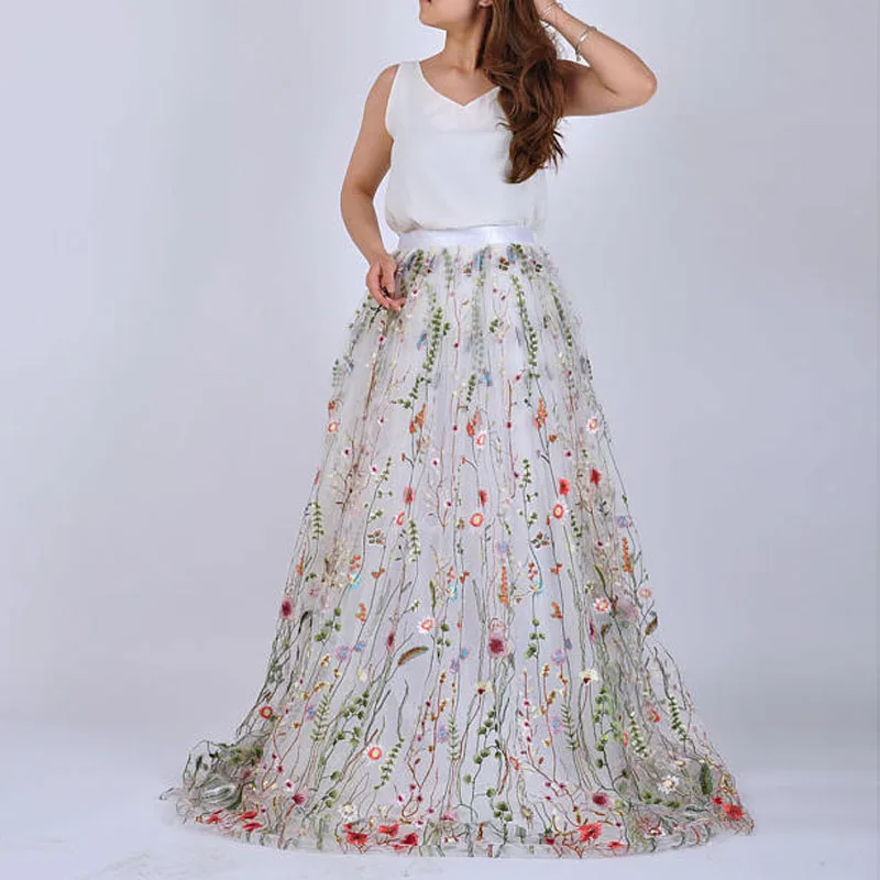 Длинная юбка с высокой талией белая цветочной вышивкой|fashion tulle skirt|tulle skirttulle skirt