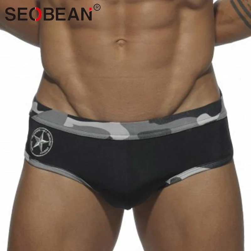 black Seobean, мужские плавки, военный камуфляж, плавки, низкая посадка, мужские сексуальные бикини, пуш-ап, maillot de bain, гей - Цвет: black