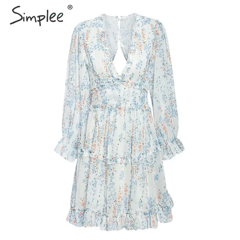 Simplee Sexy v neck women dresses Elegant floral print lantern sleeve ruffle dress Hollow back party ladies mini vestido | Женская