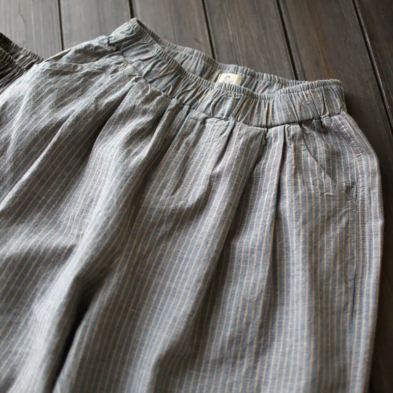 Женские шаровары в полоску серые льняные хлопковые свободные повседневные