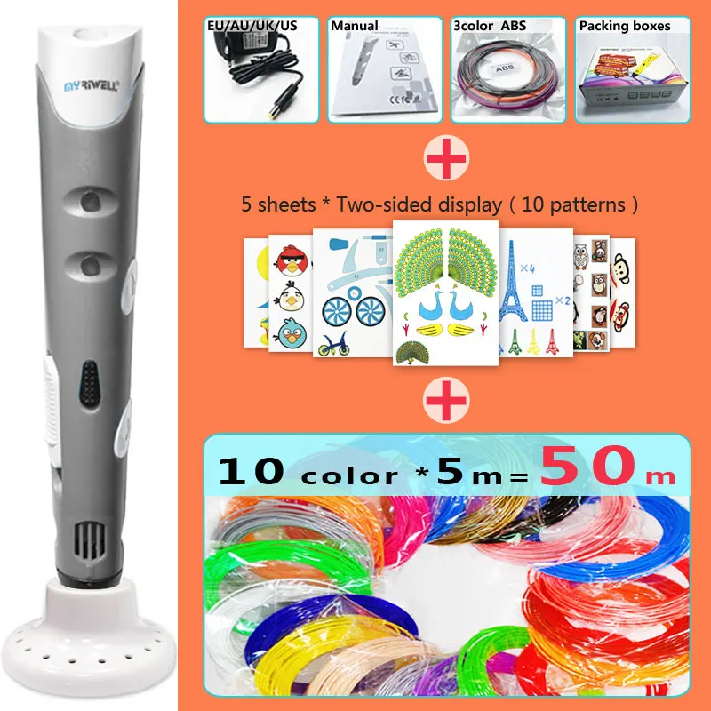 Gray pen Package 2 Myriwell 3d Ручка 3d ручки, 1,75 мм ABS/PLA нити, 3 d pen3d модели, Creative3d ручка doodler, лучший подарок для детей - Цвет: Gray pen Package 2