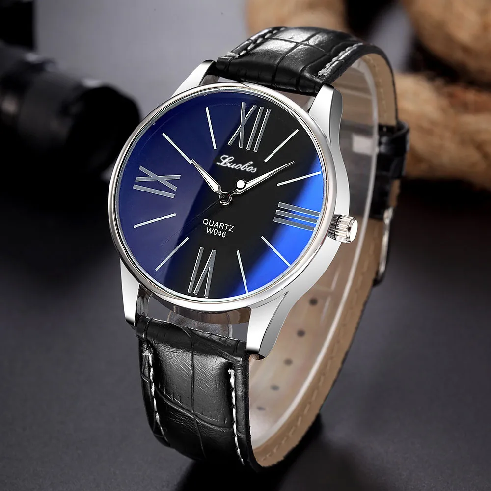Black Blue Топ Роскошные модные брендовые кварцевые часы для мужчин и женщин Повседневное кожаное платье бизнес браслет наручные часы 8O79 - Цвет: Black Blue