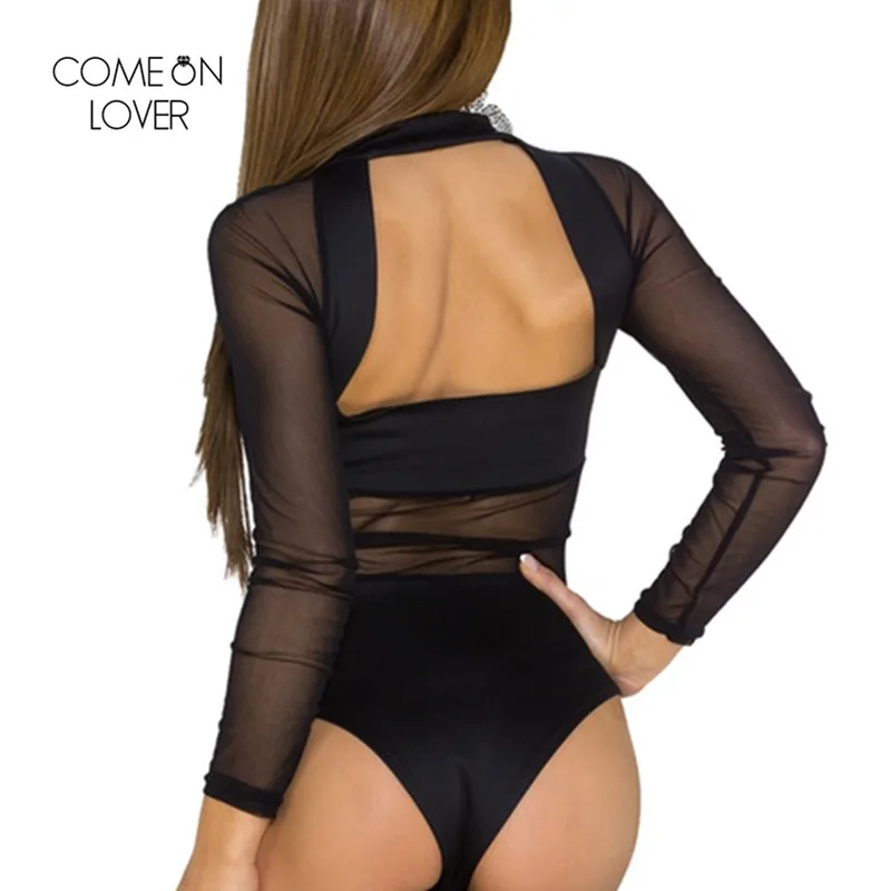 Comeonlover bodysuit long sleeve womens rompers black backless body manga longa jumpsuit short RI70187