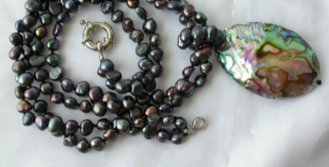 Драгоценность 2 нити барочный черный жемчужный ожерелье кулон в виде раковины