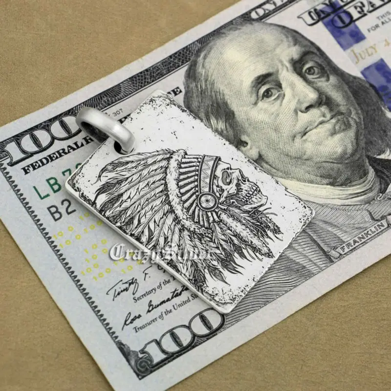 Fashion High Precision Deep Engraved Character Tags Solid 925 Sterling Silver Cool Men's Biker Indian Chief Skull Pendant 9X002 |