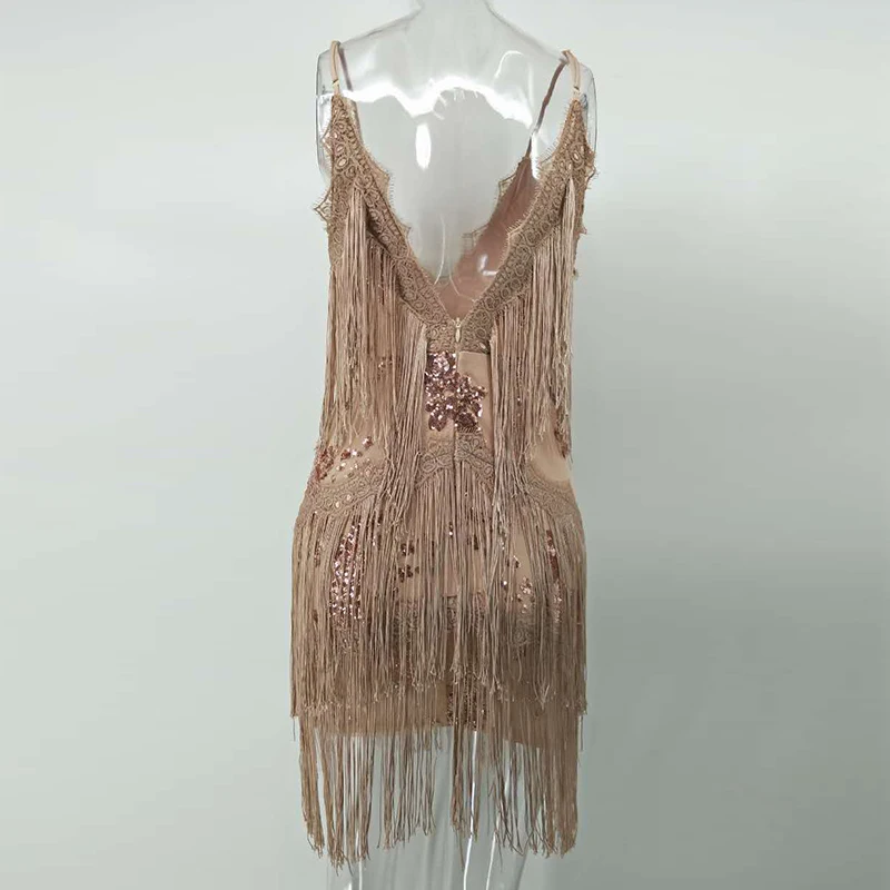 

Chic Fringe Women Dress Sexy Sequined Tassels Sling Summer Dresses V Neck Embroidery Style Woman Club Dress