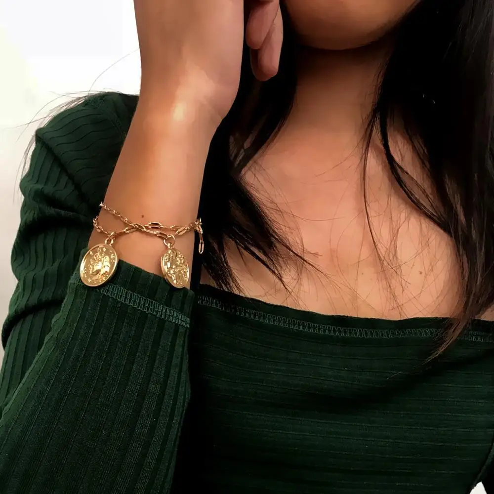 Vanmos Богемия плоская цепь Резные Монеты Кулон женские браслеты винтажный портрет