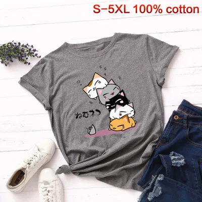 dark gray S-5XL, новинка, принт с милой кошкой, женская футболка, хлопок, круглый вырез, короткий рукав, летняя маленькая футболка с крысами, топы, повседневные, плюс футболки - Цвет: dark gray
