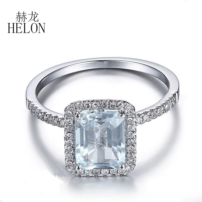 Helon 1.5 ctcushion Cut 8x6 мм Натуральный аквамарин и природных алмазов Твердые 10 К белого золота Обручение Свадебные для женщин Jewelry Кольцо