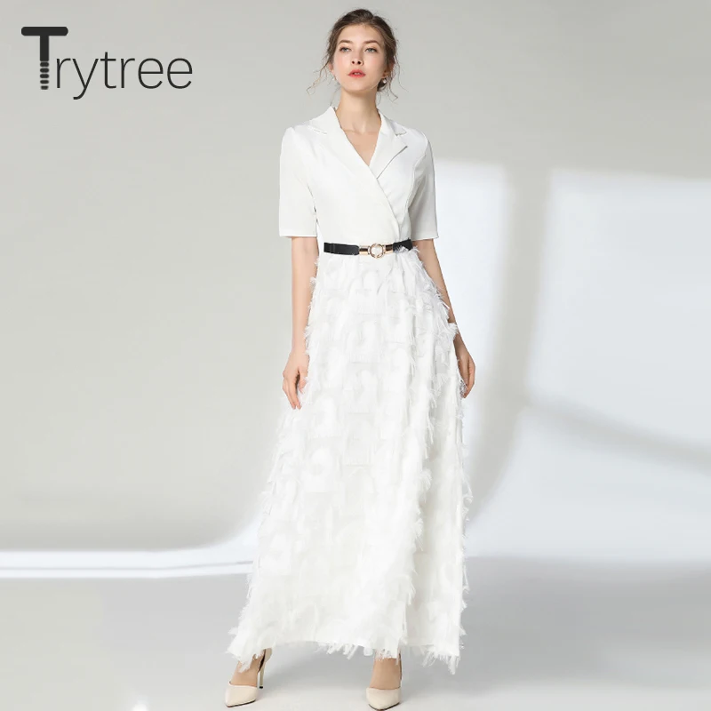 Trytree летнее платье элегантное с перьями черное белое однотонное женское поясом